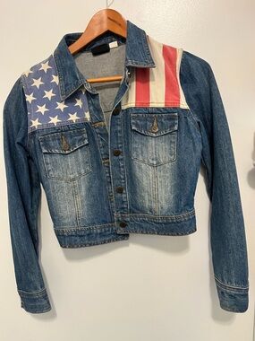 Topshop Denim Jacket with American Flag Panel - Blue, Red, White